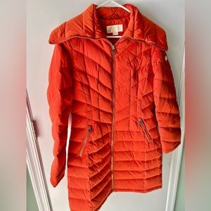 Michael Kors Women’s Small Long Orange Puffer Coat Gold Hardware